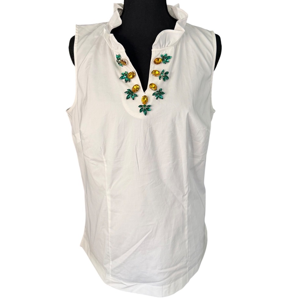 Talbots RSVP White Pineapple Jeweled Sleeveless Blouse Resort Preppy‎ Medium